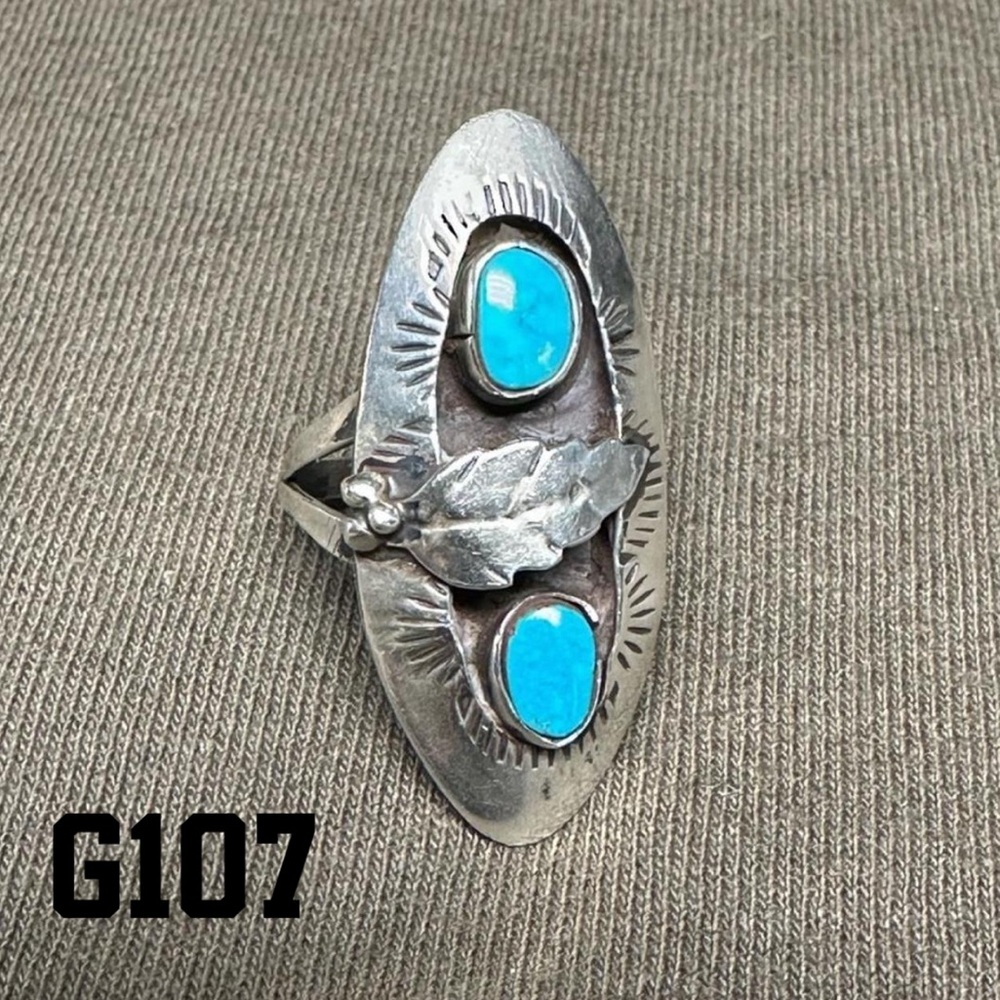 Vintage Navajo Style Sterling Silver Two-Stone Turquoise Ring Size 8.5 – G107